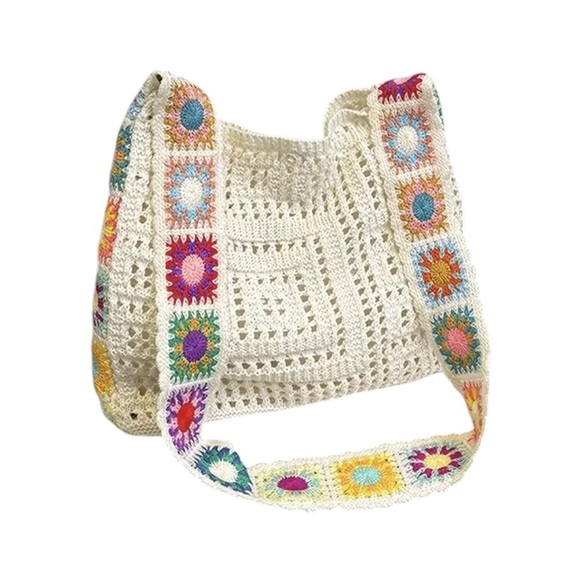 Crochet Shoulder Bag with Geometric Strap In Beige - Picture 1 of 6